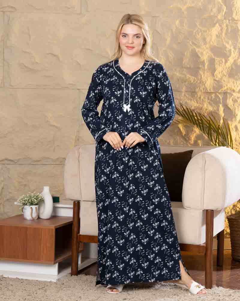 عباية بيت طويلة بكم كامل، خلفية كحلي بطبعة أغصان وزهور بيضاء، منظر أمامي كامل Main image